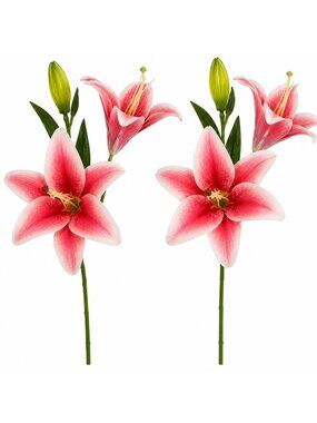 Real Touch Pink White Lily Stems Set of 2, Artificial Lily Flowers, Faux Floral